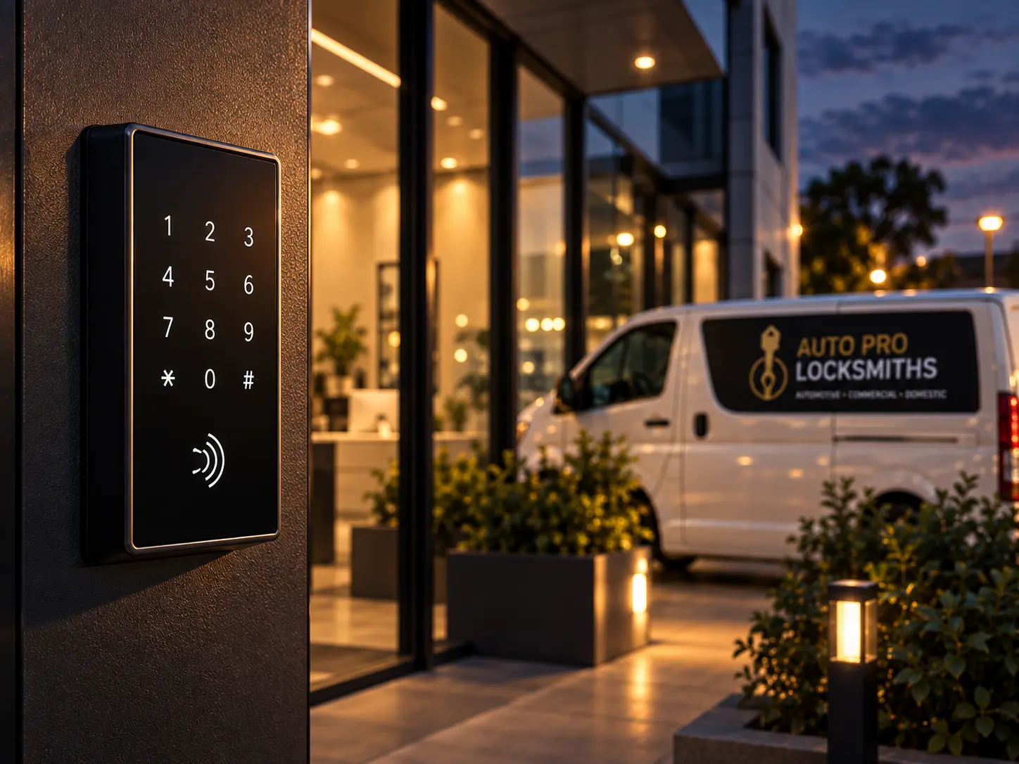 Access control keypad beside an office entrance