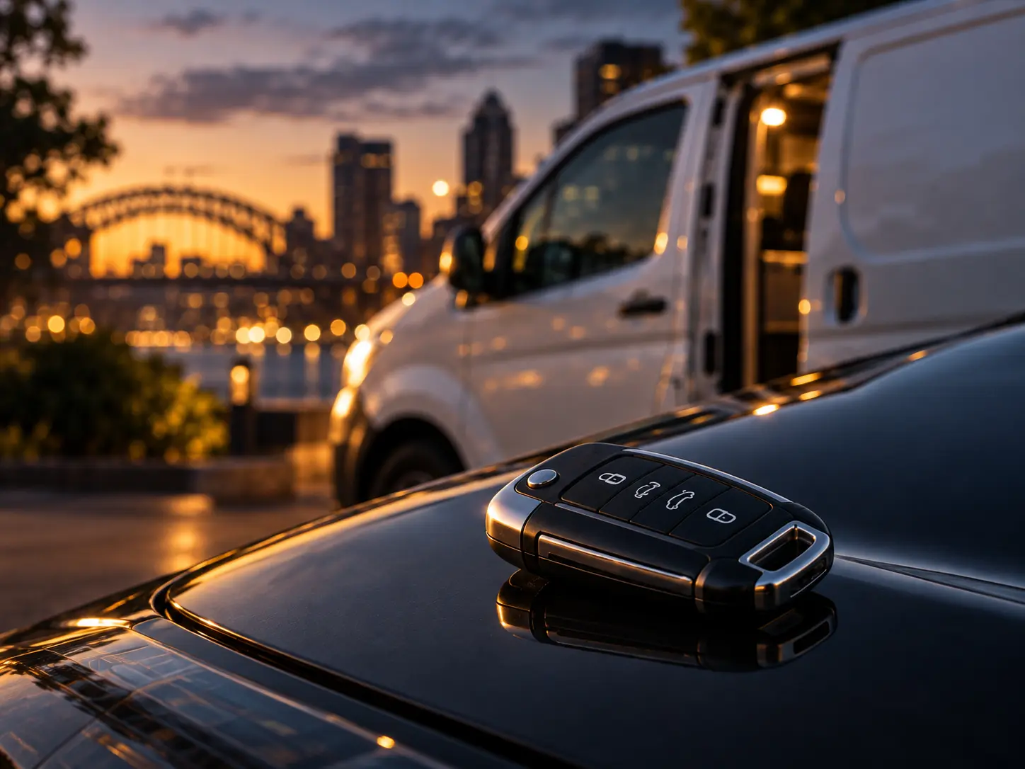 Car key on the bonnet of a car with an Auto Pro Locksmiths van behind