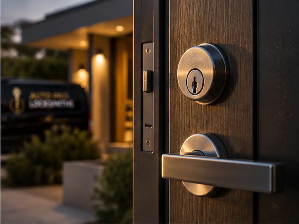 Deadbolt and lever on a residential front door at dusk