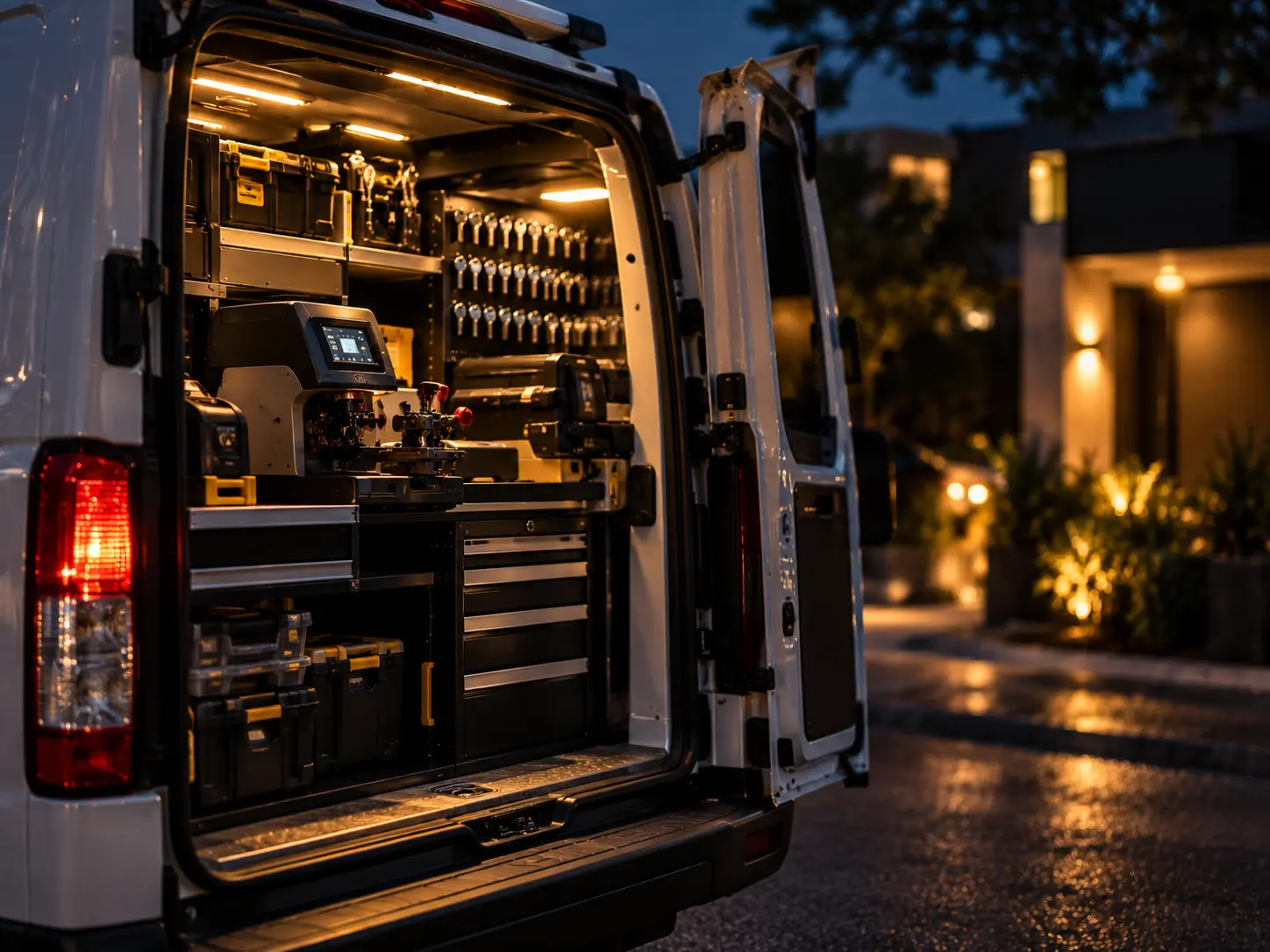 Locksmith van at night with rear doors open showing key cutting equipment